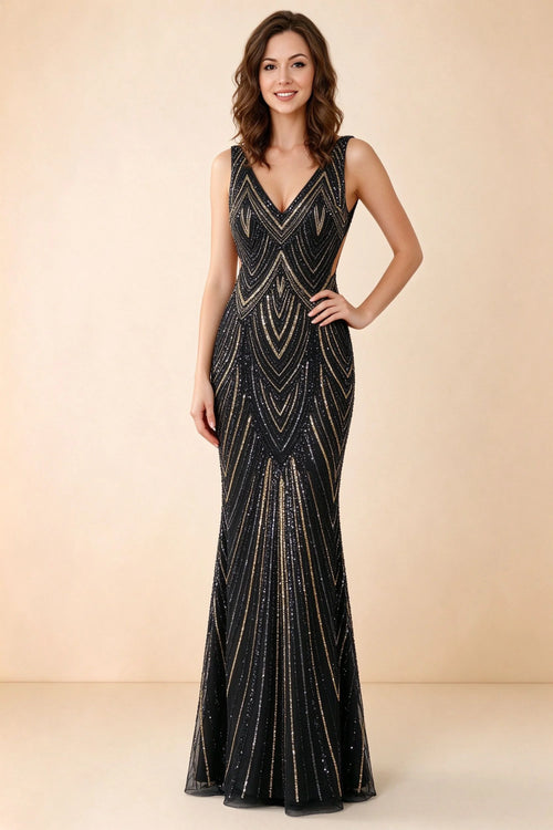 Front studio view of Betty black and gold sequin maxi dress showing the V-neck and geometric pattern