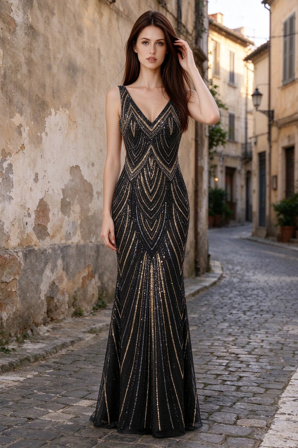 Outdoor front view of Betty black and gold geometric sequin dress beside a stone wall