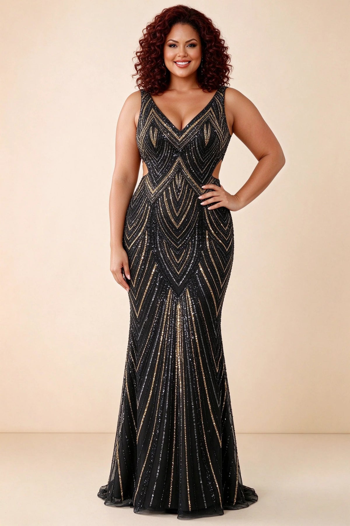 Front studio view of Betty black and gold V-neck maxi dress with repeating geometric sequin lines
