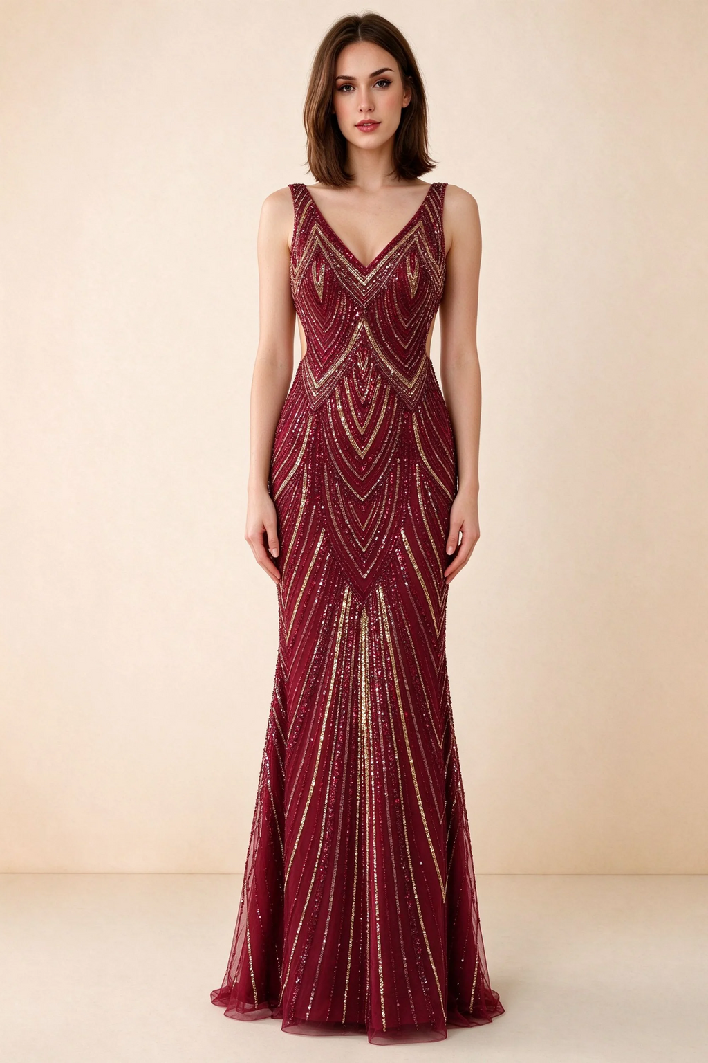 Front studio view of Betty burgundy and gold sequin maxi dress showing the V-neck and geometric pattern