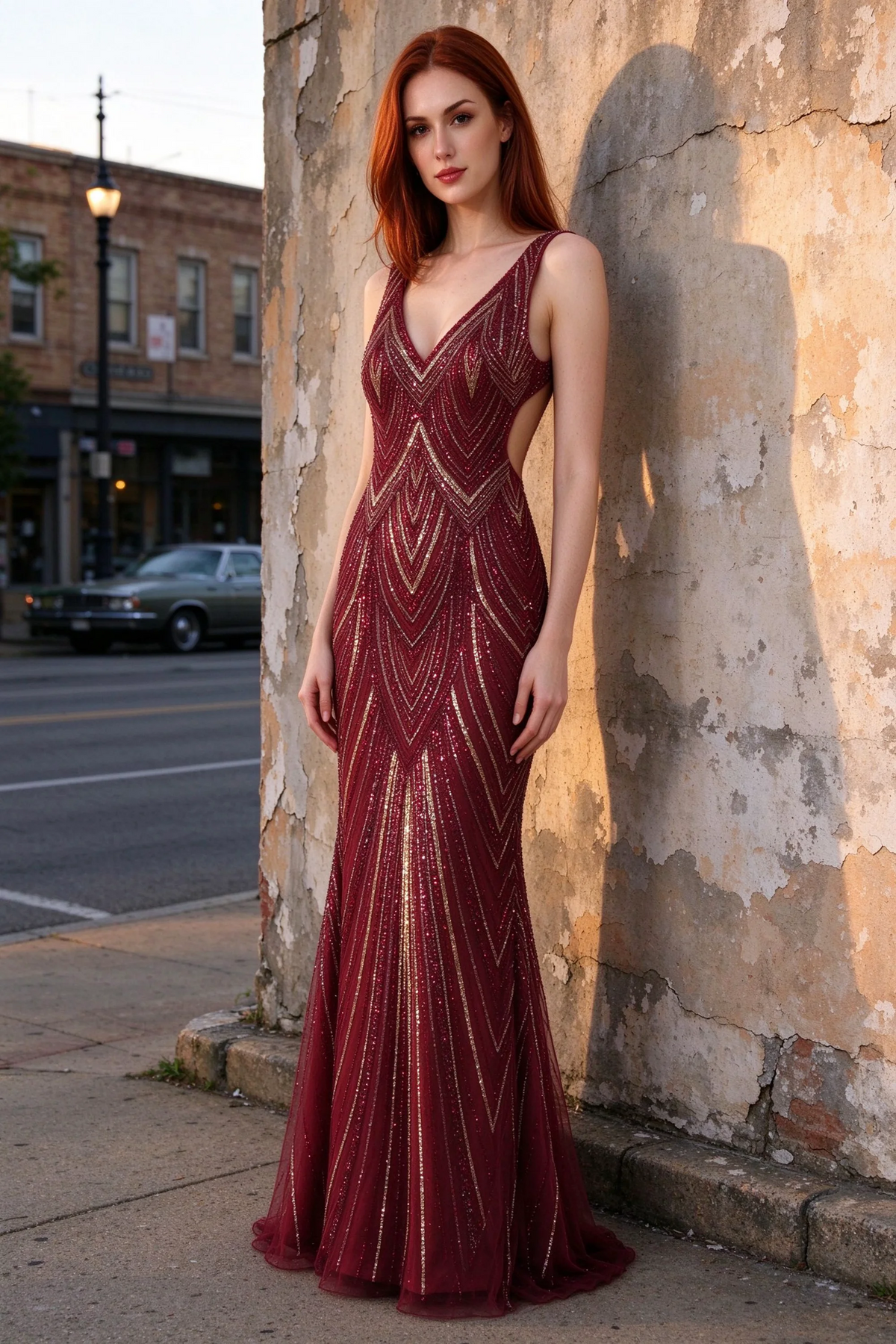 Outdoor front view of Betty burgundy and gold geometric sequin dress beside a stone wall