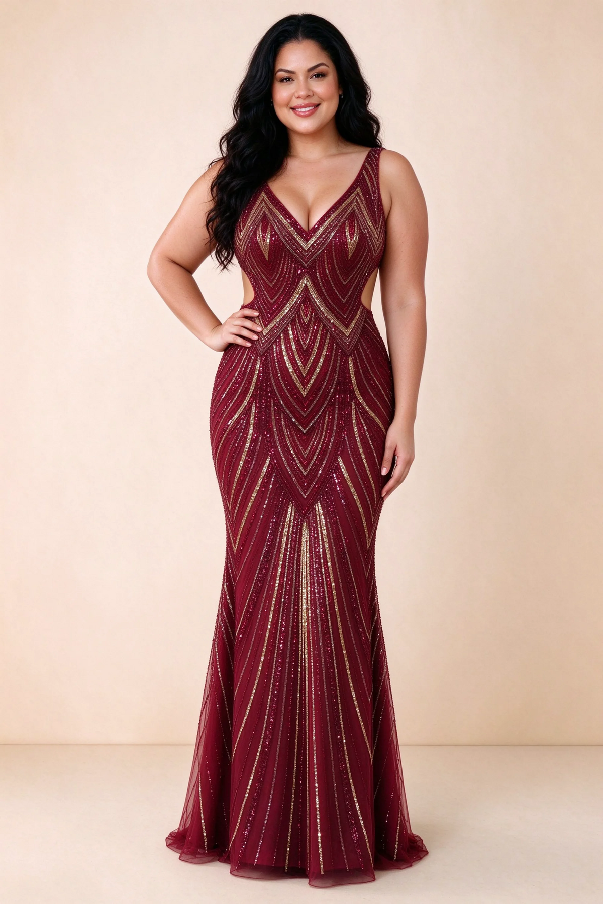 Front studio view of Betty burgundy and gold V-neck maxi dress with repeating geometric sequin lines