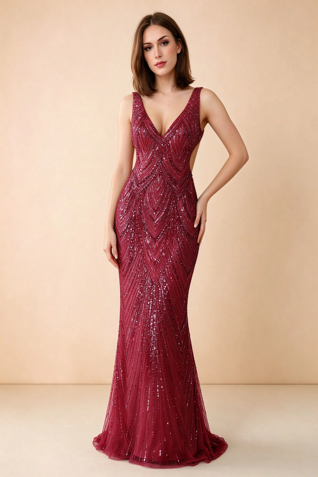 Front studio view of Betty burgundy sequin maxi dress showing the V-neck and geometric pattern