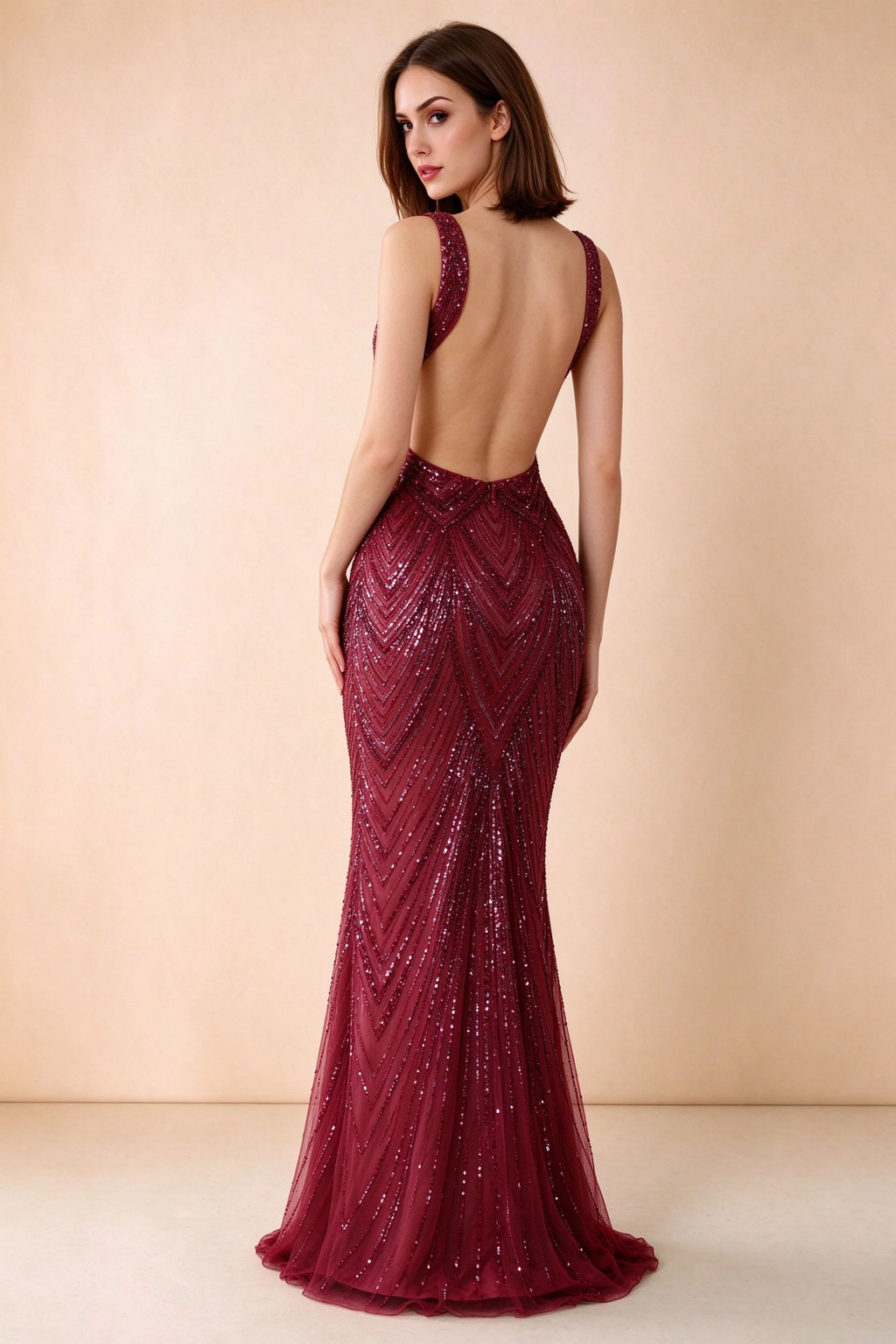 Rear studio view of Betty burgundy dress showing wide shoulder straps and a low scooped open back