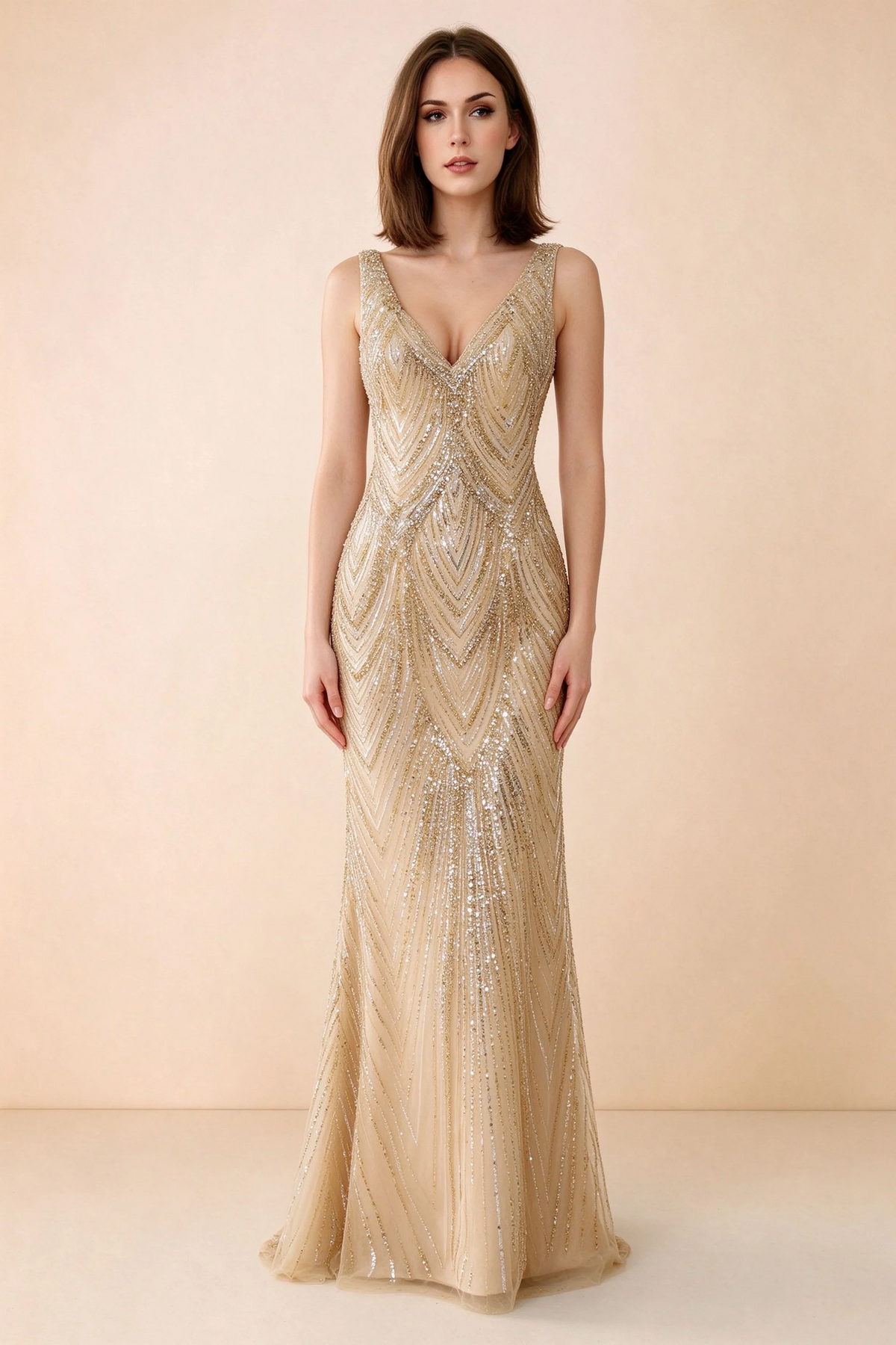Front studio view of Betty champagne sequin maxi dress showing the V-neck and geometric pattern