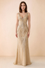 Front studio view of Betty champagne sequin maxi dress showing the V-neck and geometric pattern