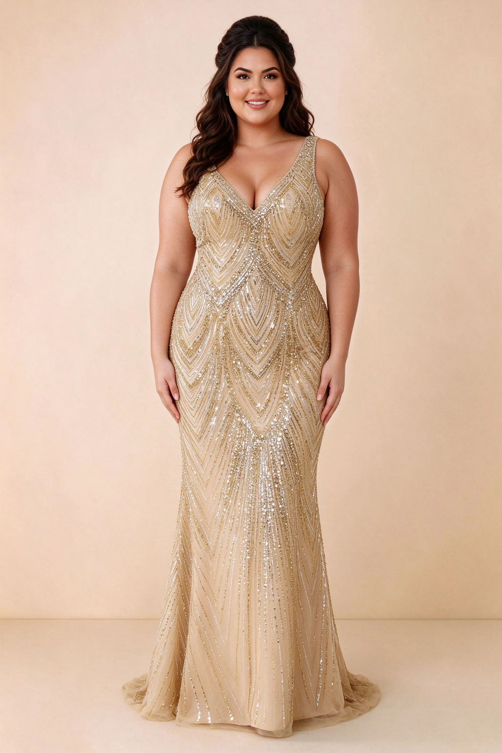Front studio view of Betty champagne V-neck maxi dress with repeating geometric sequin lines