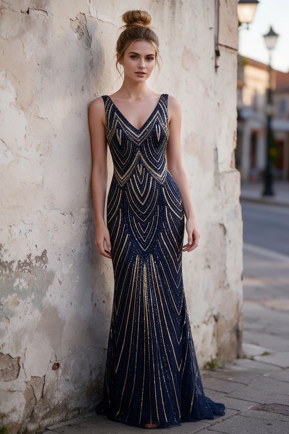 Outdoor front view of Betty navy and gold geometric sequin dress beside a stone wall