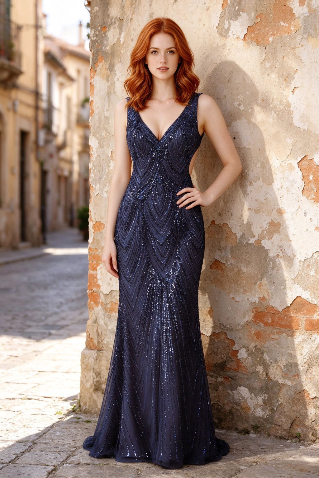 Outdoor front view of Betty navy geometric sequin dress beside a stone wall