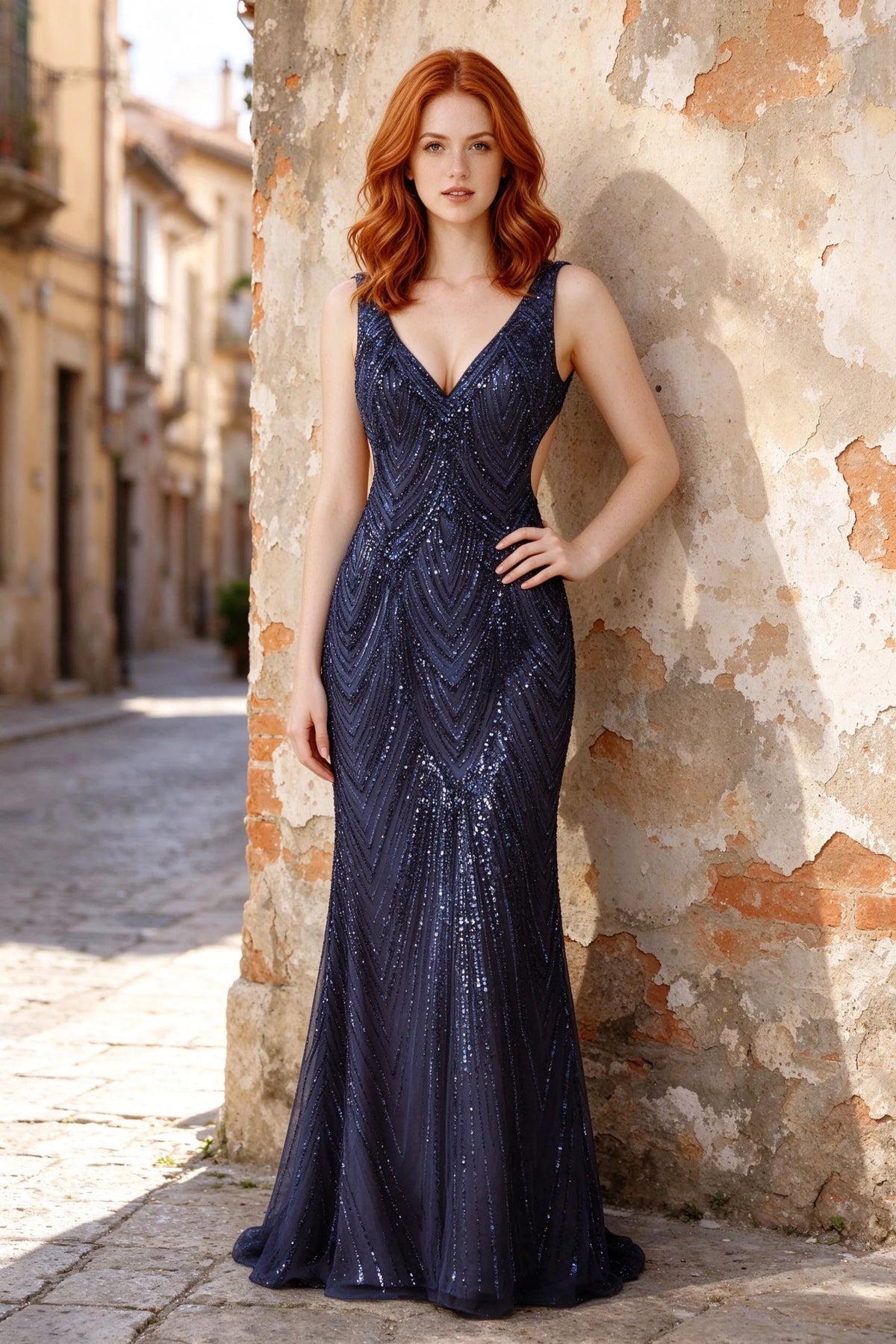 Outdoor front view of Betty navy geometric sequin dress beside a stone wall