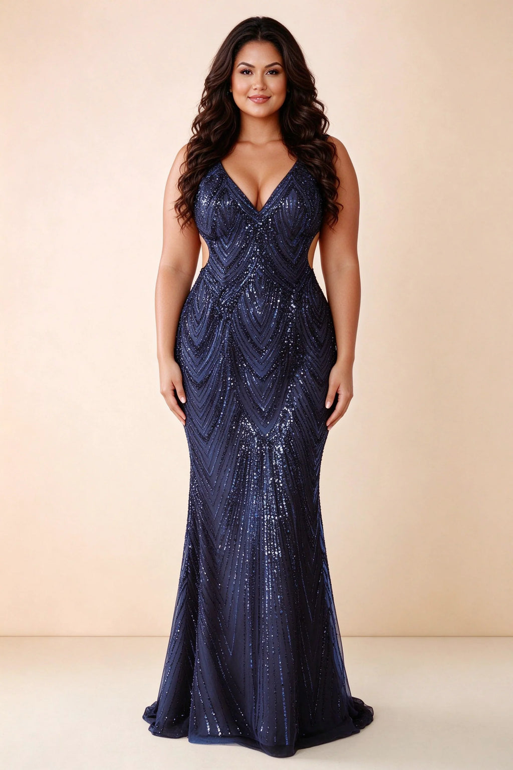 Front studio view of Betty navy V-neck maxi dress with repeating geometric sequin lines