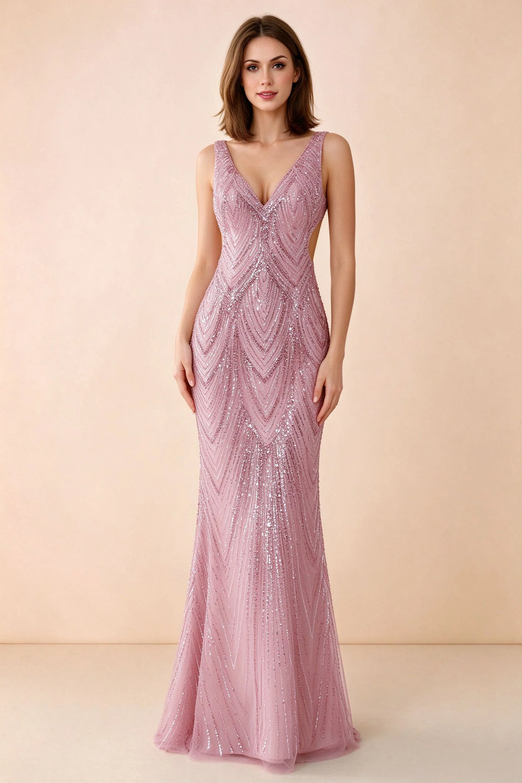 Front studio view of Betty pink sequin maxi dress showing the V-neck and geometric pattern