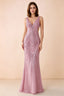 Front studio view of Betty pink sequin maxi dress showing the V-neck and geometric pattern