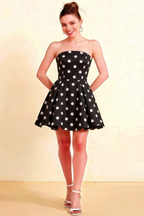 Beverly Black Polka Dot Satin Strapless Open Back Mini Skater Dress