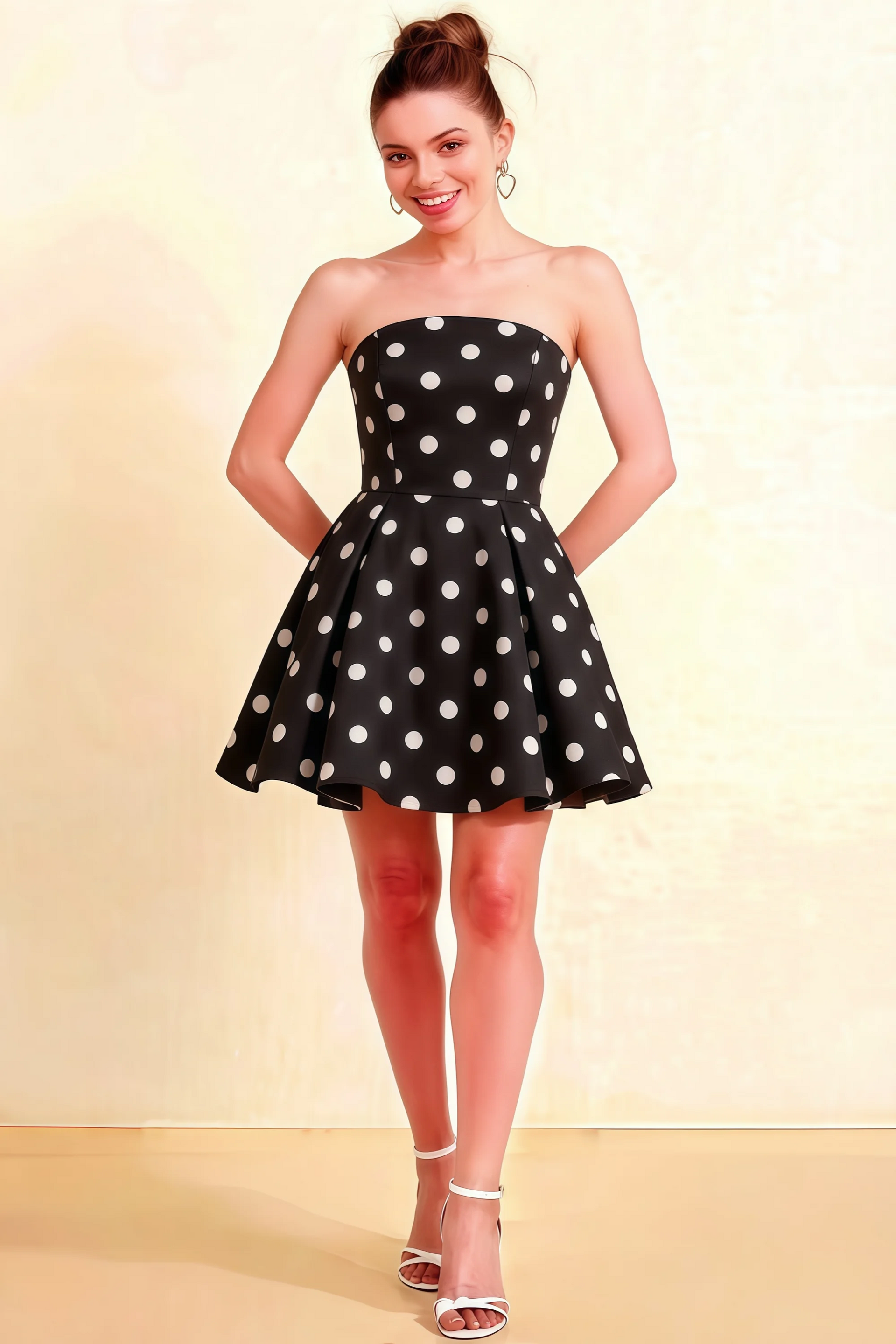 Beverly Black Polka Dot Satin Strapless Open Back Mini Skater Dress