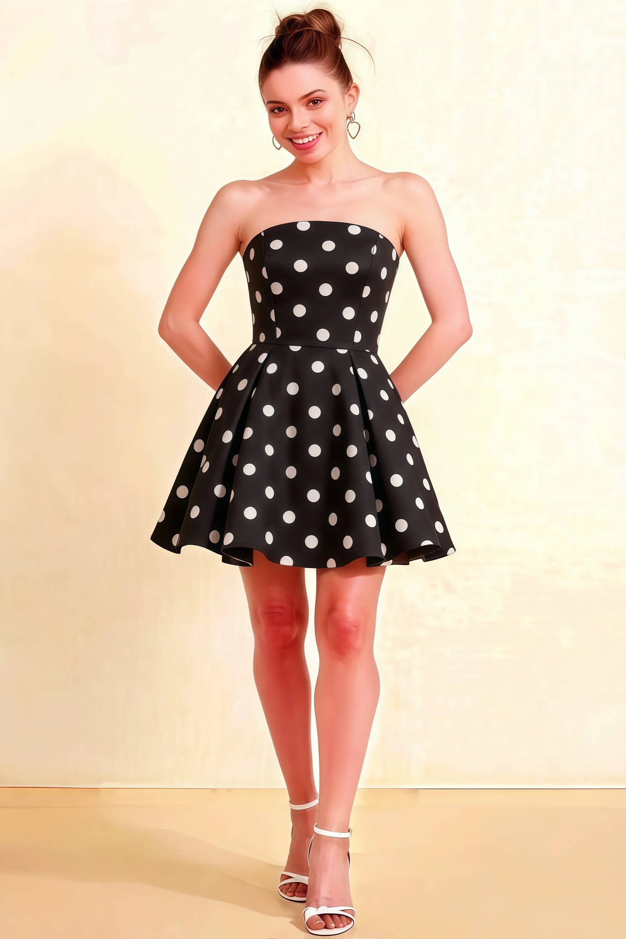 LVLVS Black Polka Dot Satin Beverly Dress - Strapless Open Back Mini Skater Dress for Cocktail Parties and Date Nights Main image