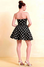 Beverly Black Polka Dot Satin Strapless Open Back Mini Skater Dress