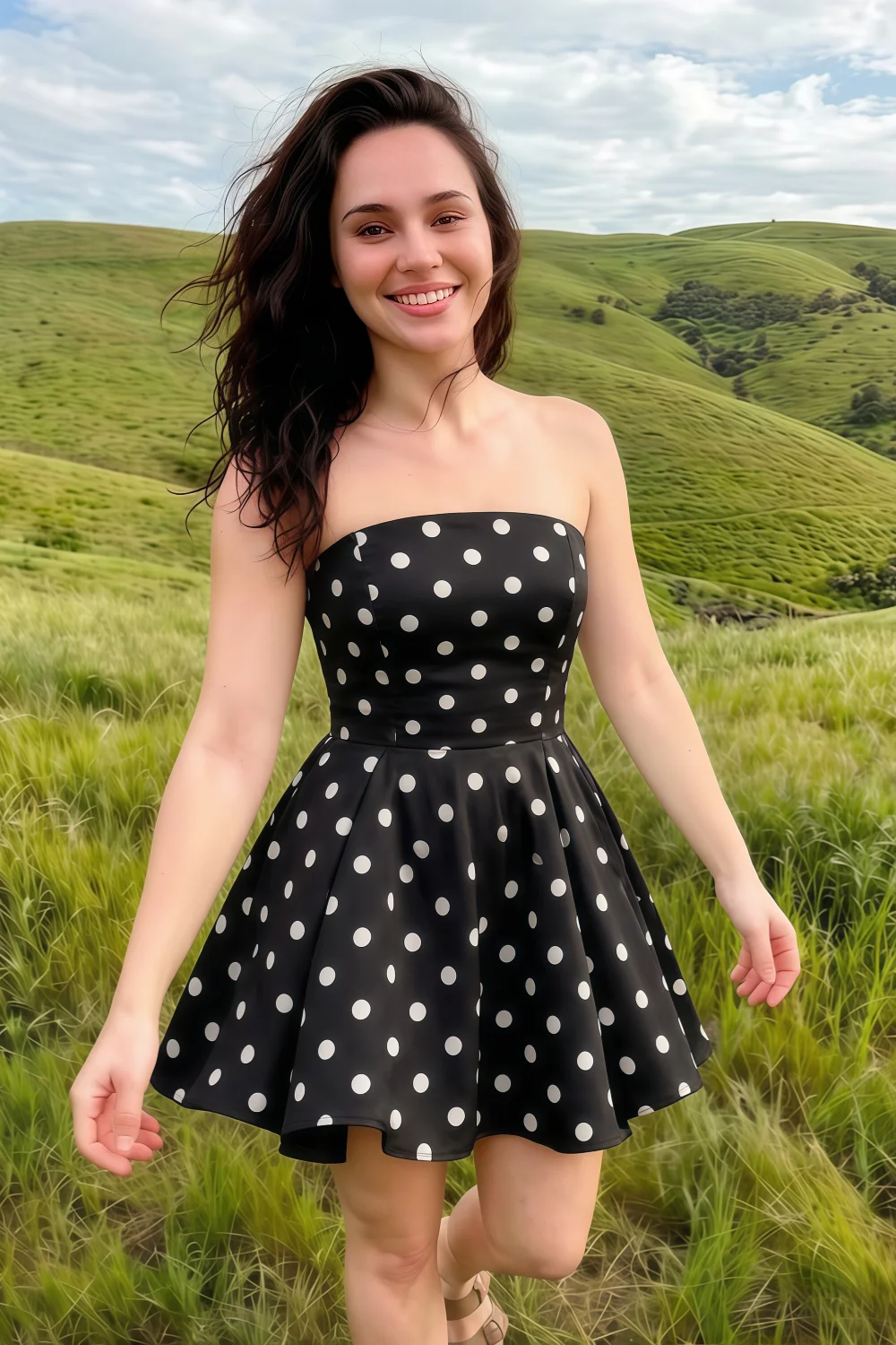 Beverly Black Polka Dot Satin Strapless Open Back Mini Skater Dress