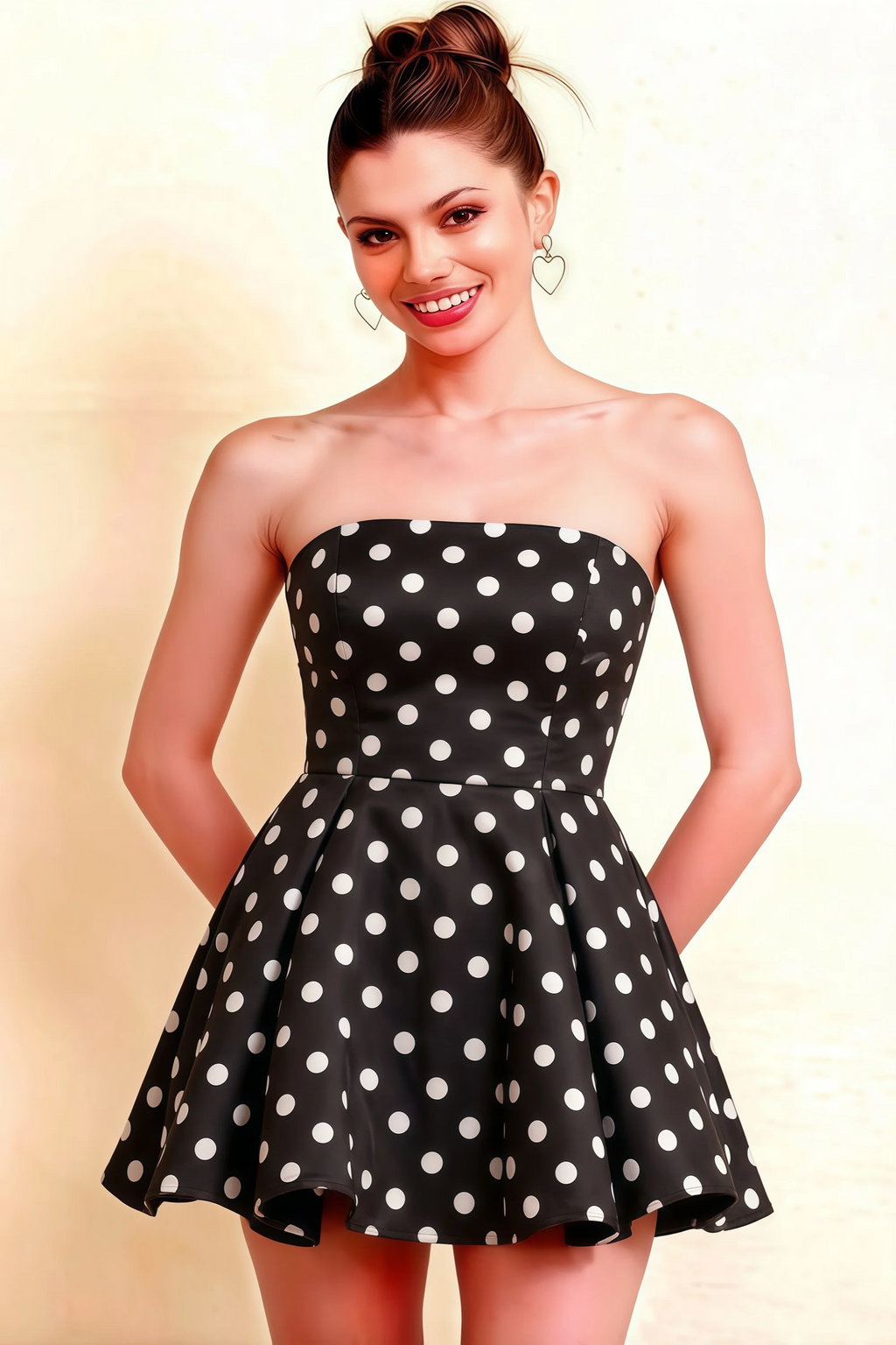 Beverly Black Polka Dot Satin Strapless Open Back Mini Skater Dress