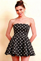 Beverly Black Polka Dot Satin Strapless Open Back Mini Skater Dress