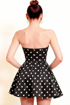 Beverly Black Polka Dot Satin Strapless Open Back Mini Skater Dress