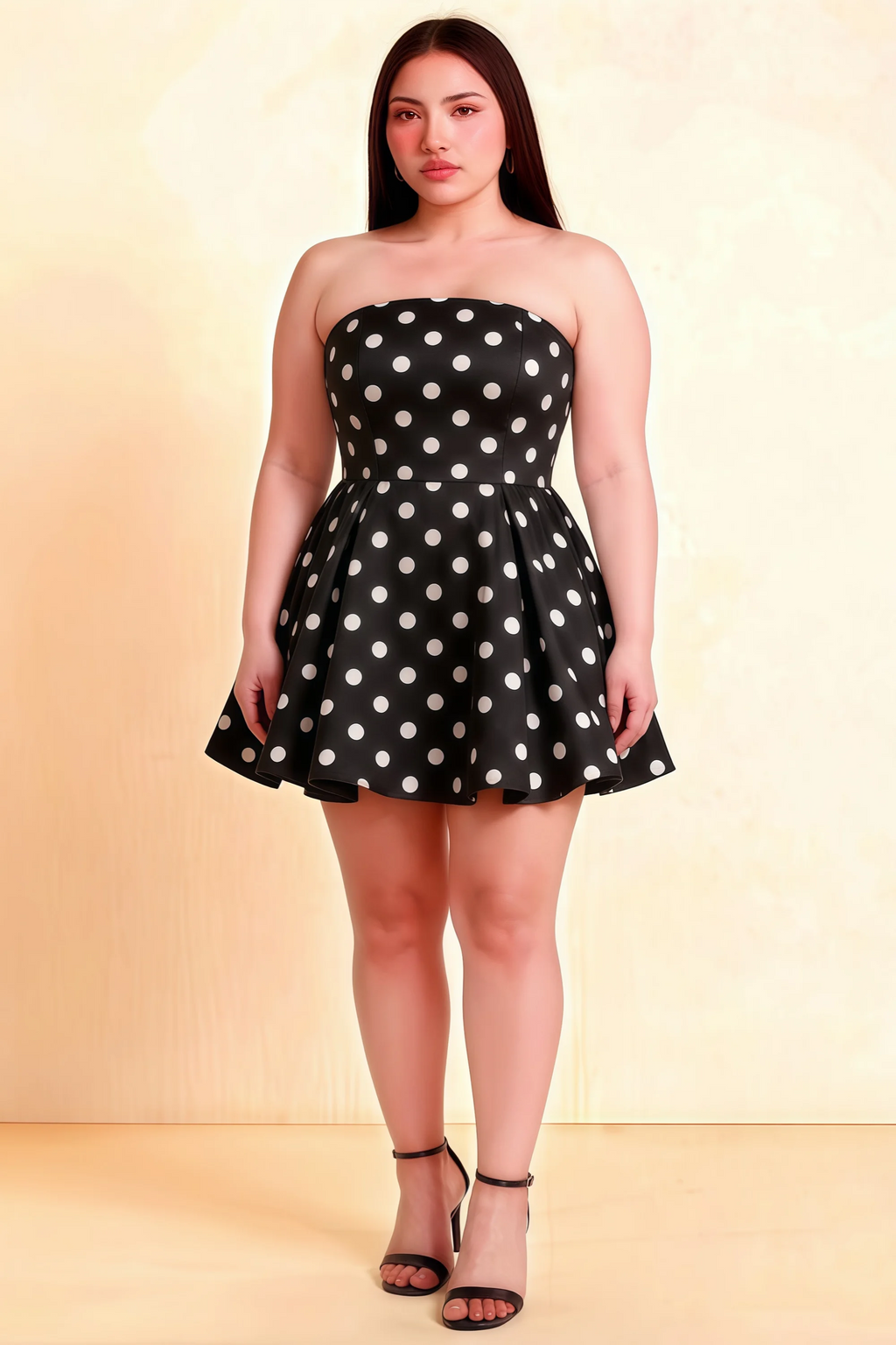 Beverly Black Polka Dot Satin Strapless Open Back Mini Skater Dress