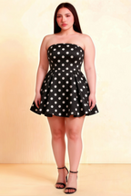 Beverly Black Polka Dot Satin Strapless Open Back Mini Skater Dress