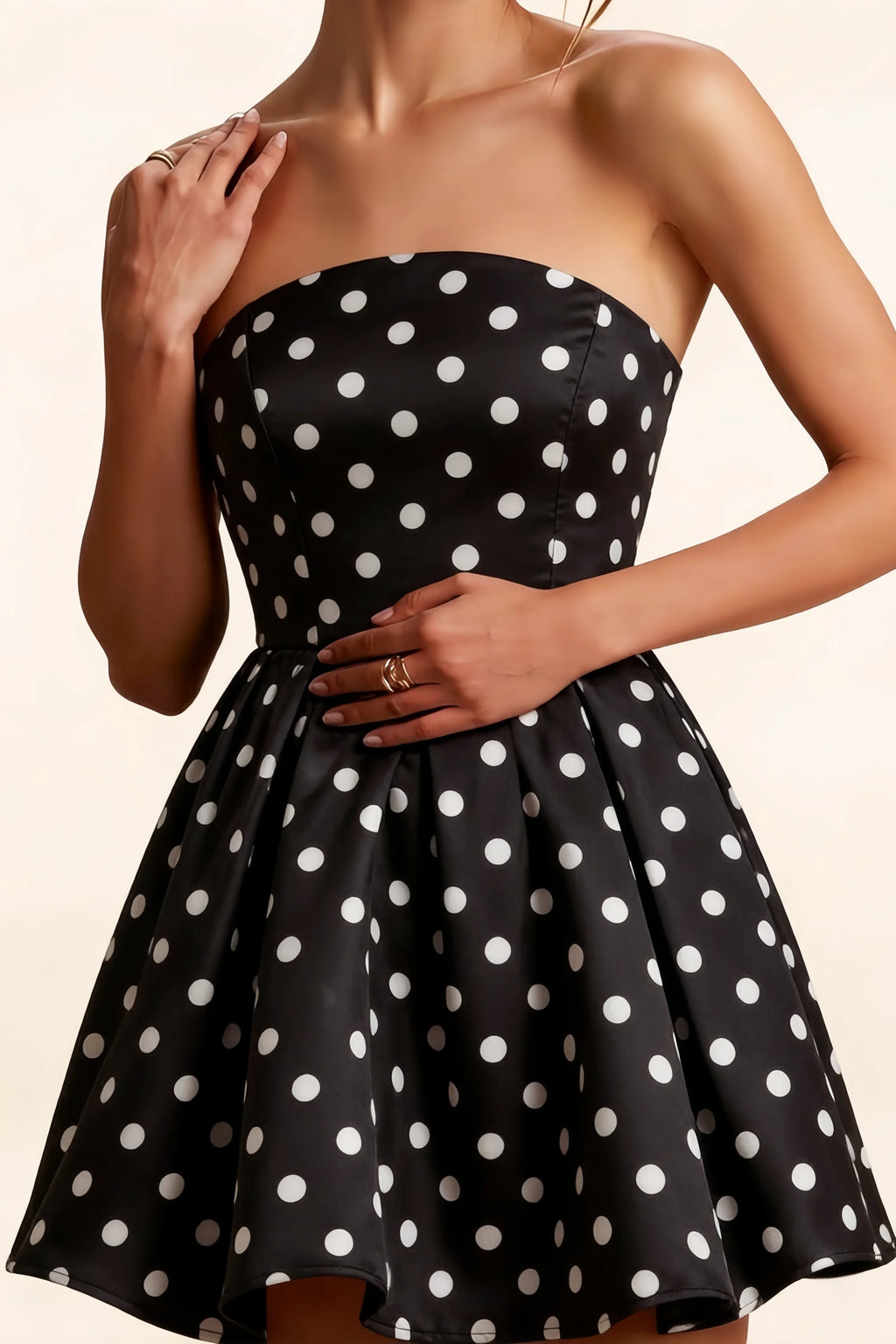 Beverly Black Polka Dot Satin Strapless Open Back Mini Skater Dress