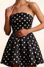 Beverly Black Polka Dot Satin Strapless Open Back Mini Skater Dress
