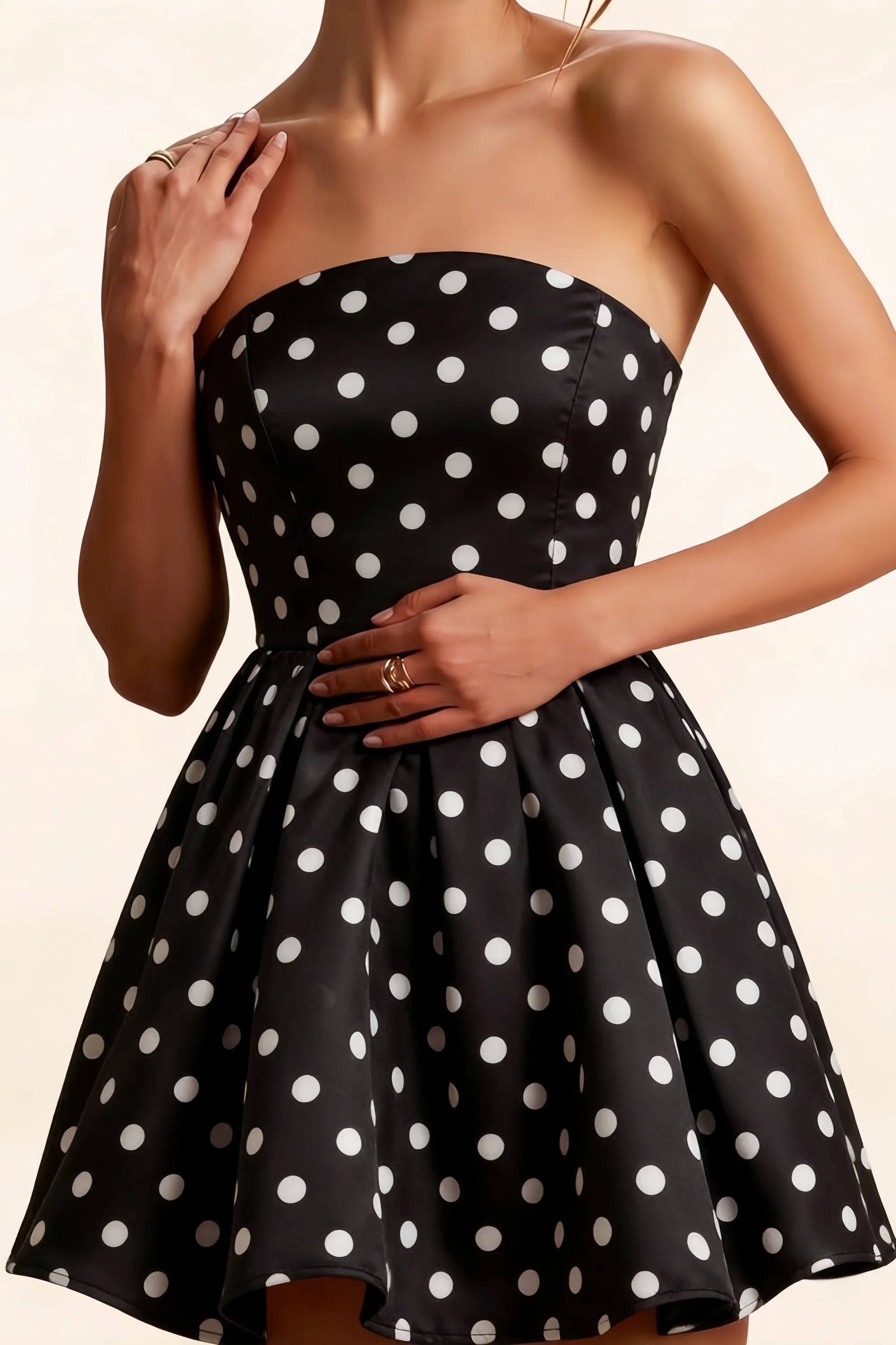 Beverly Black Polka Dot Satin Strapless Open Back Mini Skater Dress