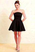 Beverly Black Satin Strapless Open Back Mini Skater Dress