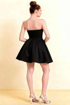 Beverly Black Satin Strapless Open Back Mini Skater Dress