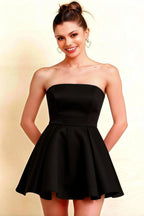 Beverly Black Satin Strapless Open Back Mini Skater Dress