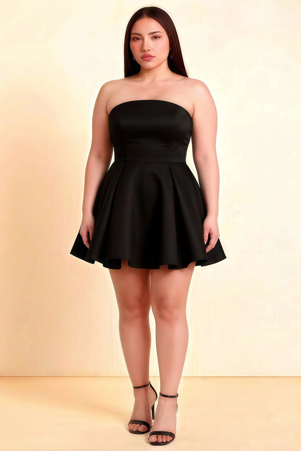 Beverly Black Satin Strapless Open Back Mini Skater Dress