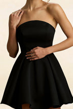 Beverly Black Satin Strapless Open Back Mini Skater Dress