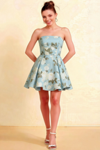 LVLVS Beverly Blue Floral Satin Strapless Open Back Mini Skater Dress for Brunch and Day Parties