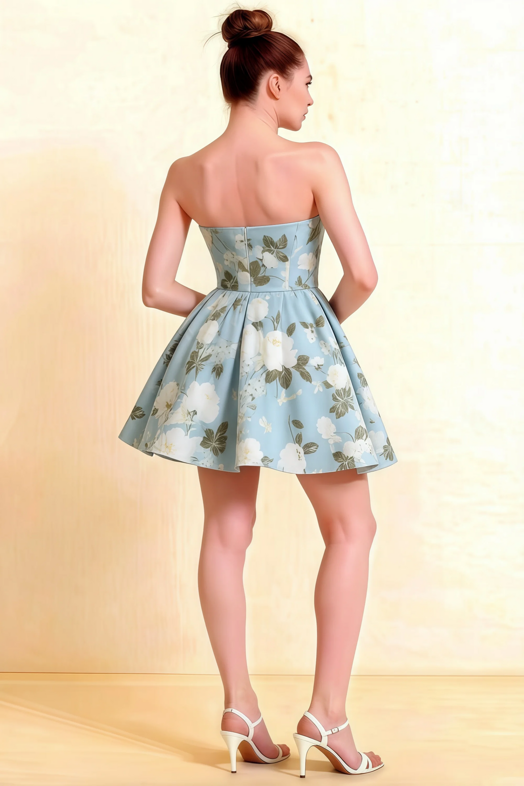 Back View of LVLVS Beverly Dress Blue Floral Satin Open Back Design for Cocktail Parties and Graduation