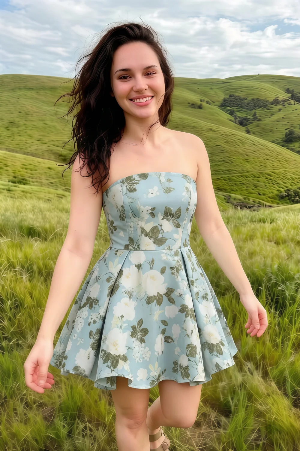 Customer Photo LVLVS Beverly Blue Floral Satin Dress Worn to Summer Wedding Guest and Casual Day Events