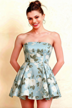 LVLVS Beverly Strapless Open Back Mini Skater Dress Blue Floral Satin Elegant Semi Formal Party Look