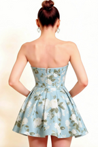 Close up Back View LVLVS Beverly Blue Floral Dress Satin Material Perfect for Prom and Formal Dinners