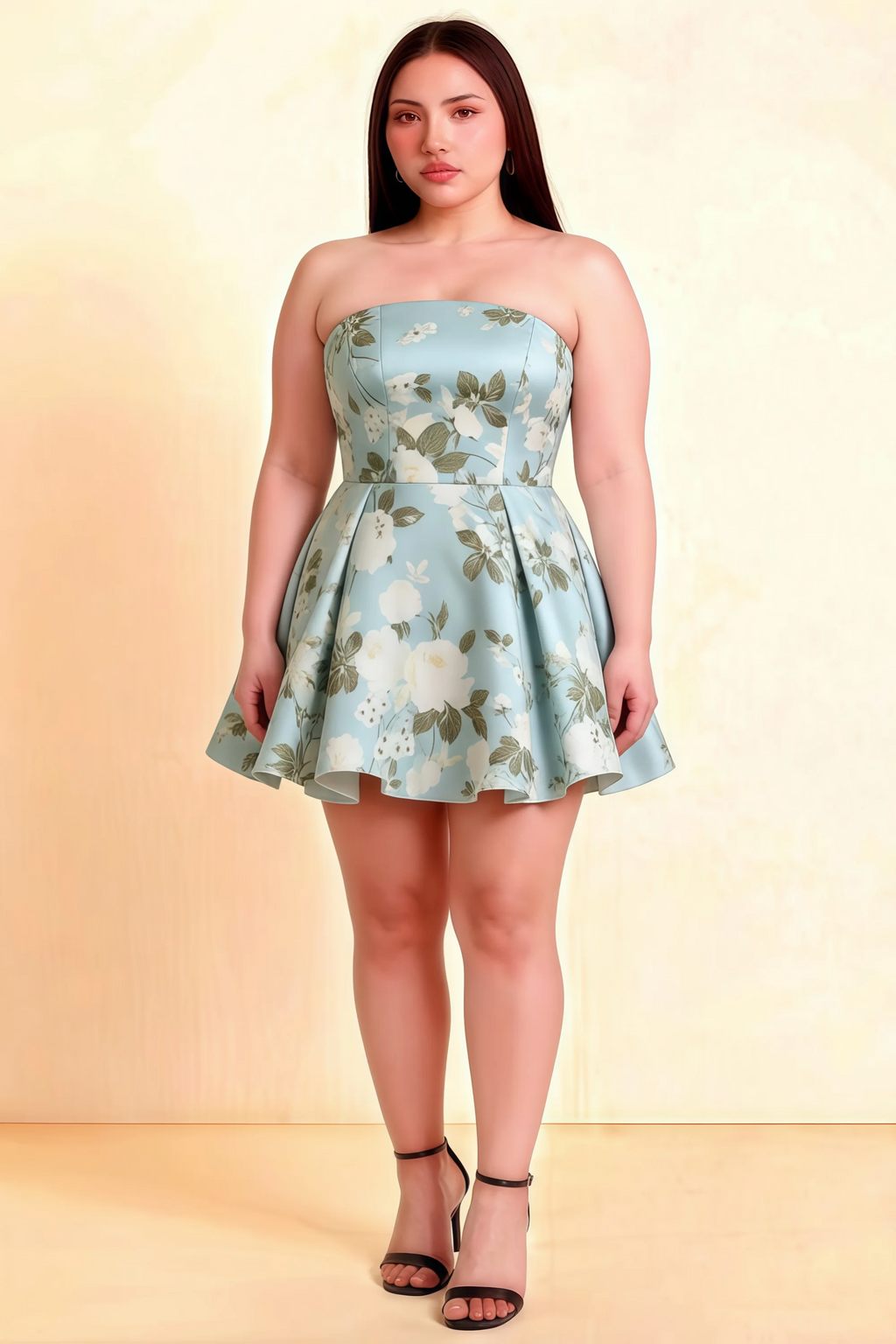 Plus Size Model Wearing LVLVS Beverly Blue Floral Satin Dress Flattering Fit for Office Work and Brunches