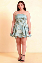 Plus Size Model Wearing LVLVS Beverly Blue Floral Satin Dress Flattering Fit for Office Work and Brunches