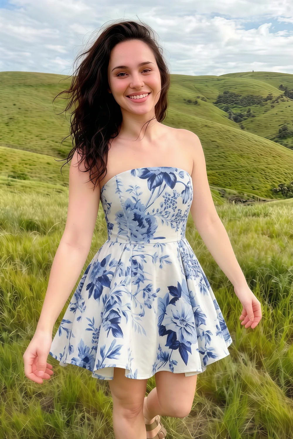 LVLVS Beverly Dress Blue Porcelain Print Satin Strapless Open Back Mini Skater Dress for Beach Vacation and Casual Day Wear