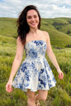 LVLVS Beverly Dress Blue Porcelain Print Satin Strapless Open Back Mini Skater Dress for Beach Vacation and Casual Day Wear