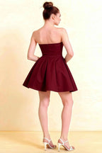 Beverly Burgundy Satin Strapless Open Back Mini Skater Dress