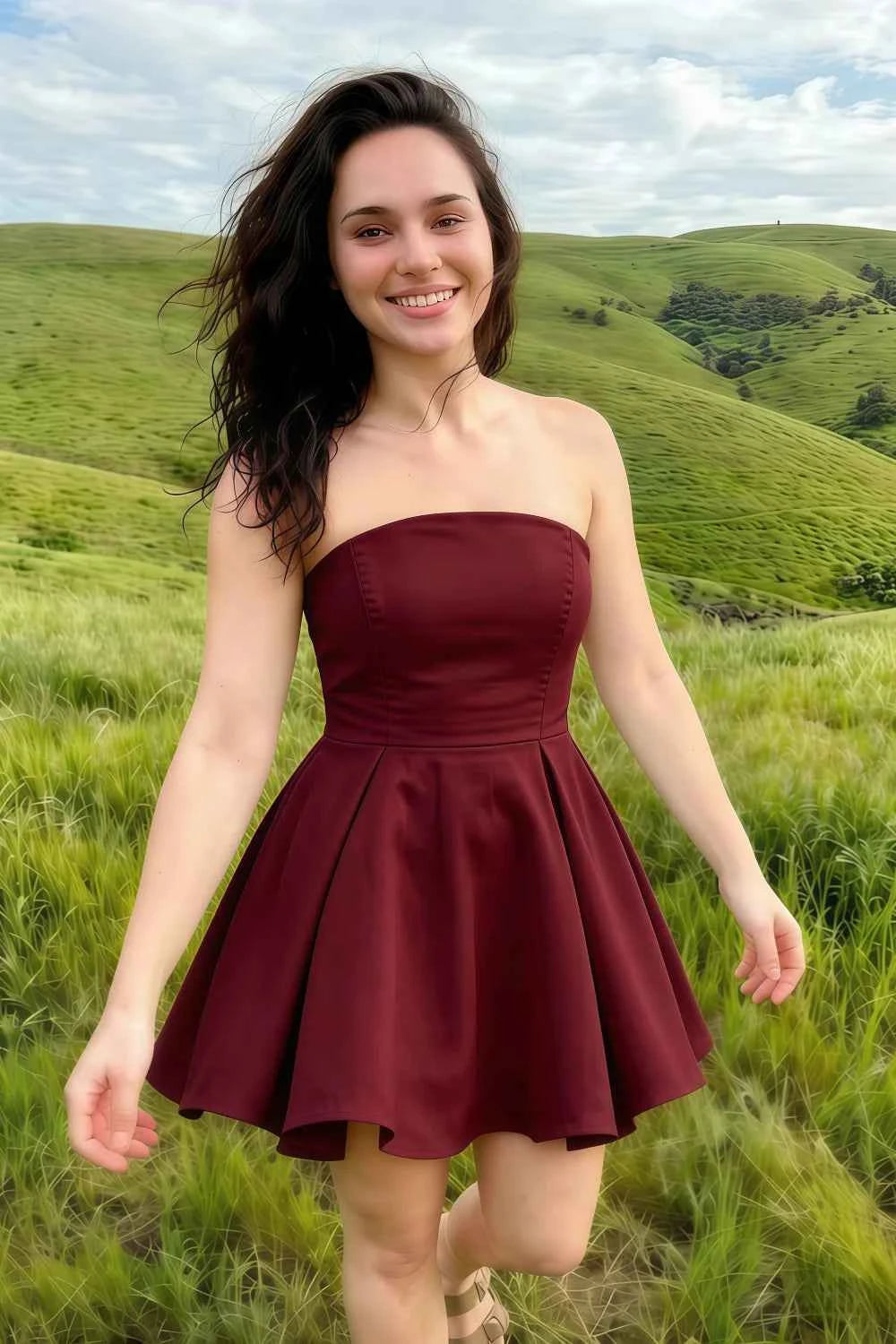 Beverly Burgundy Satin Strapless Open Back Mini Skater Dress