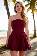 Beverly Burgundy Satin Strapless Open Back Mini Skater Dress