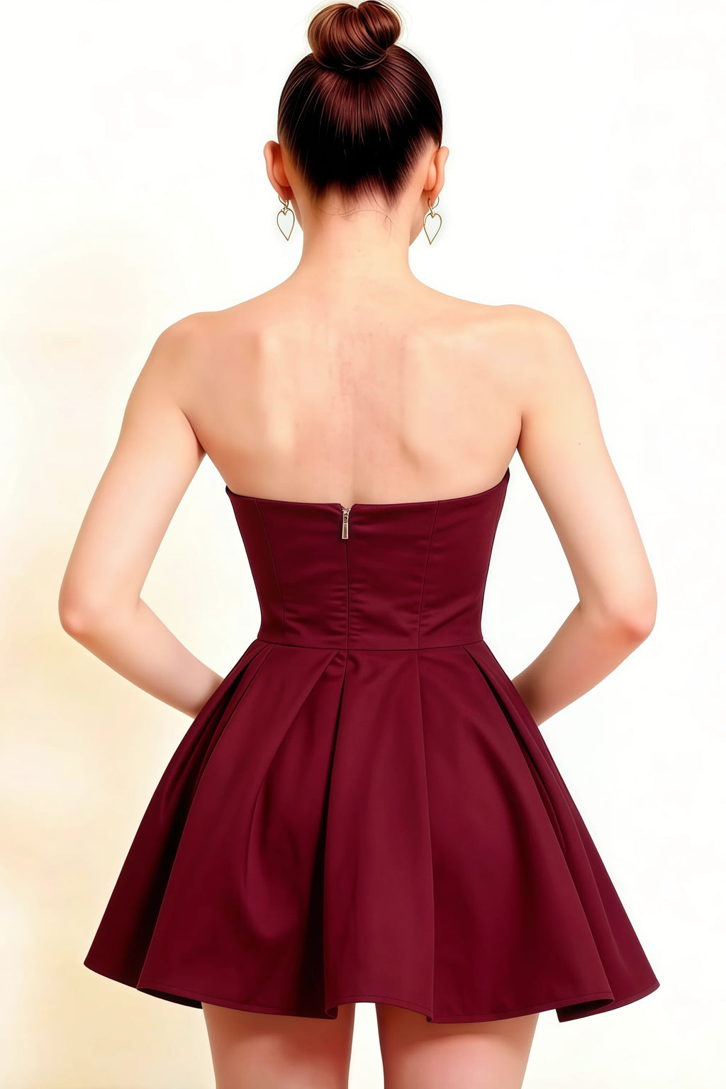 Back View Zipper Detail LVLVS Beverly Dress Burgundy Satin Strapless Open Back Mini Skater Dress for Birthday Bridesmaid Brunch Casual Classy Club Cocktail Dance Day Formal Going Out Homecoming Office & Work Party Day Party Prom Semi - Formal Sorority Rush Wedding Wedding Guest Graduation