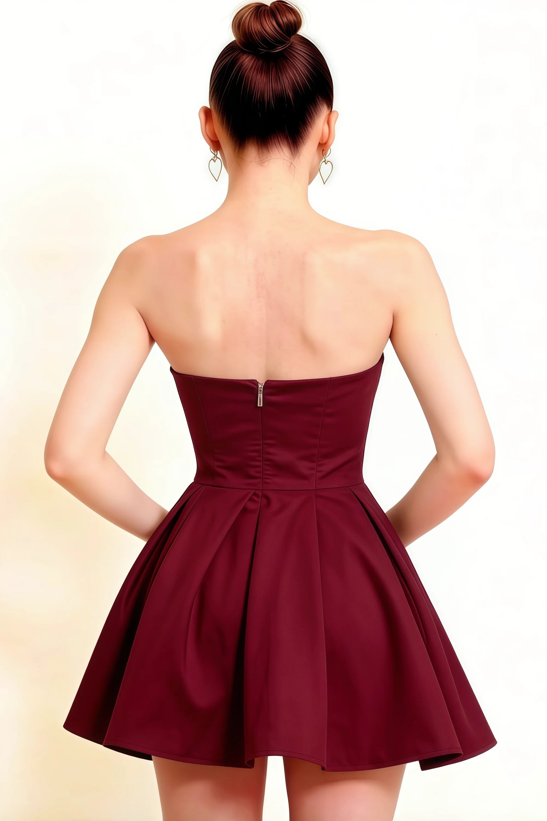 Back View Zipper Detail LVLVS Beverly Dress Burgundy Satin Strapless Open Back Mini Skater Dress for Birthday Bridesmaid Brunch Casual Classy Club Cocktail Dance Day Formal Going Out Homecoming Office & Work Party Day Party Prom Semi - Formal Sorority Rush Wedding Wedding Guest Graduation