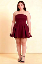Plus Size Model LVLVS Beverly Dress Burgundy Satin Strapless Open Back Mini Skater Dress for Birthday Bridesmaid Brunch Casual Classy Club Cocktail Dance Day Formal Going Out Homecoming Office & Work Party Day Party Prom Semi - Formal Sorority Rush Wedding Wedding Guest Graduation Curve Fit Short Party Dress